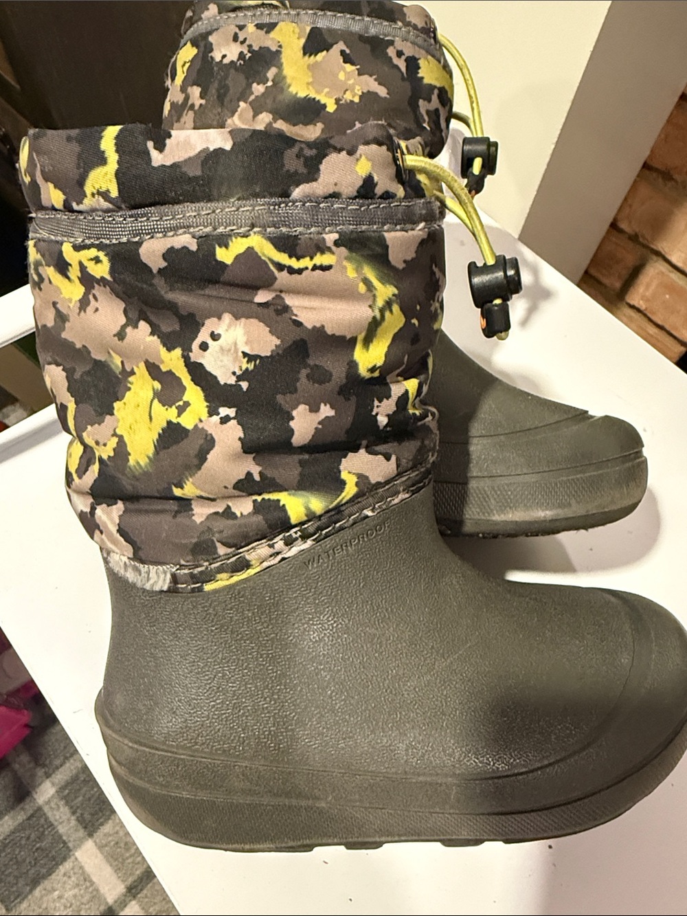 Kid’s Waterproof Winter Bogs Boots in Olive with Yellow Camo Shaft